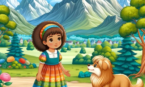 Une illustration destinée aux enfants représentant une petite fille aux cheveux bouclés, vêtue d'une robe multicolore, faisant la connaissance d'une nouvelle amie solitaire dans un parc verdoyant, entouré de montagnes majestueuses et d'arbres touffus.