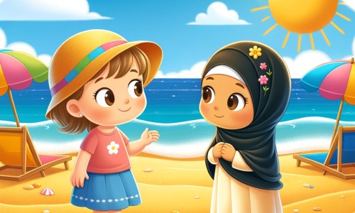 Une illustration destinée aux enfants représentant une petite fille curieuse, se tenant sur une plage ensoleillée, où elle rencontre une autre petite fille portant un hijab, dans un décor de sable doré, d'océan bleu et de parasols colorés.