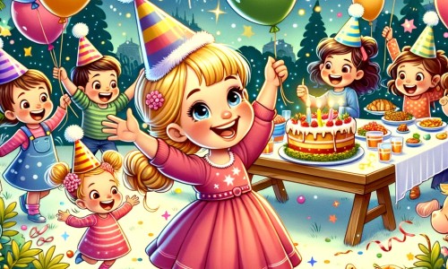 Une illustration pour enfants représentant une petite fille joyeuse qui prépare une fête de nouvel an dans son jardin avec ses amis, rempli de ballons, de confettis et de victuailles.