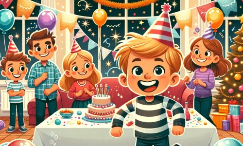 Une illustration pour enfants représentant un petit garçon excité qui organise une grande fête de Réveillon dans sa maison décorée de ballons et de guirlandes.
