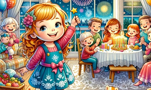 Une illustration pour enfants représentant une petite fille émerveillée par les feux d'artifice lors de la fête du Nouvel An, dans un salon joyeusement décoré.