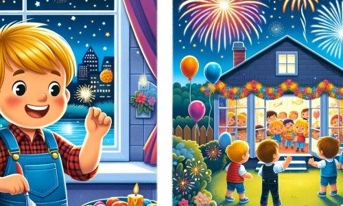 Une illustration destinée aux enfants représentant un petit garçon plein d'excitation préparant une fête du nouvel an avec ses amis, dans une maison décorée de guirlandes colorées et de ballons, avec un jardin illuminé par un magnifique feu d'artifice.
