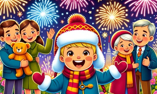 Une illustration destinée aux enfants représentant un petit garçon plein d'enthousiasme, entouré de feux d'artifice étincelants, dans un parc illuminé de guirlandes colorées, célébrant la fête du nouvel an avec sa famille et un adorable ours en peluche.