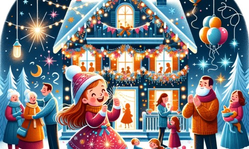 Une illustration pour enfants représentant une petite fille très excitée qui prépare une grande fête pour célébrer le réveillon dans sa maison, pleine de guirlandes, de ballons et d'étoiles dorées.