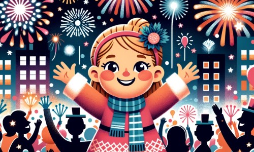 Une illustration destinée aux enfants représentant une petite fille étincelante de joie, entourée de feux d'artifice colorés et d'une foule joyeuse, dans une ville illuminée par des guirlandes scintillantes, célébrant la fête du nouvel an.