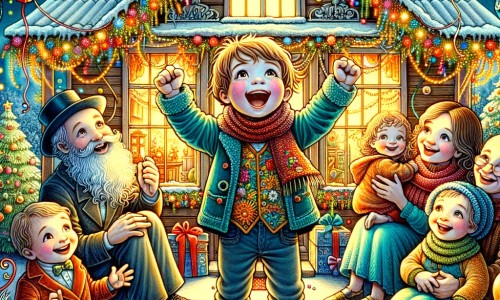 Une illustration destinée aux enfants représentant un petit garçon plein d'enthousiasme, entouré de ses proches, dans une maison décorée de guirlandes scintillantes et de ballons colorés, célébrant la fête du nouvel an avec émerveillement et joie.