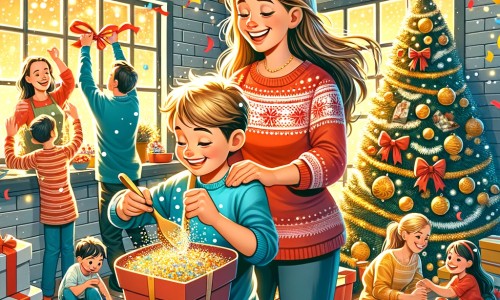 Une illustration pour enfants représentant un petit garçon plein d'enthousiasme préparant avec sa maman la fête du nouvel an dans une maison chaleureuse et festive.
