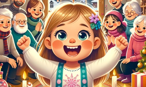 Une illustration destinée aux enfants représentant une petite fille pleine de joie et d'excitation, entourée de ses proches, dans une maison chaleureuse et joliment décorée, célébrant la fête du nouvel an avec éclat et bonheur.
