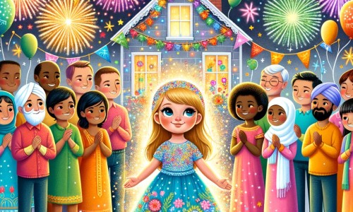 Une illustration destinée aux enfants représentant une petite fille étincelante, entourée de feux d'artifice multicolores, célébrant le Nouvel An avec sa famille et ses amis dans une maison décorée de ballons scintillants et de guirlandes festives.