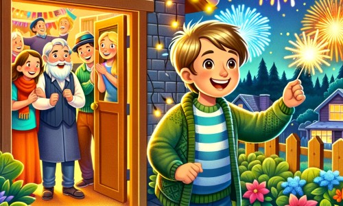 Une illustration destinée aux enfants représentant un petit garçon tout excité qui participe à une fête du nouvel an mouvementée, accompagné de ses amis, dans une maison chaleureuse entourée d'un jardin luxuriant et décoré de feux d'artifice colorés.