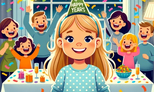 Une illustration destinée aux enfants représentant une petite fille pleine d'excitation lors de la fête du nouvel an, entourée de sa famille, dans une maison décorée de guirlandes lumineuses et de confettis colorés.