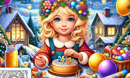 Une illustration pour enfants représentant une petite fille blonde et heureuse qui se prépare pour célébrer le Nouvel An avec sa famille et ses amis dans une maison à la campagne.