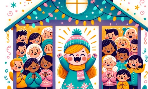 Une illustration destinée aux enfants représentant une petite fille pleine d'enthousiasme, entourée de ses amis et de sa famille, dans une petite maisonnette colorée et décorée de guirlandes scintillantes, célébrant joyeusement le réveillon du nouvel an.