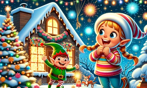 Une illustration pour enfants représentant une petite fille excitée à l'idée de passer le réveillon du nouvel an chez sa grand-mère, dans une maison décorée de guirlandes et de ballons colorés.