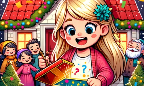 Une illustration pour enfants représentant une petite fille aux boucles blondes, pleine d'excitation, découvrant un mystère lors de la fête du nouvel an dans une maison au toit rouge vif.