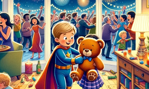 Une illustration pour enfants représentant un petit garçon déguisé en super-héros, qui aide une petite fille à retrouver son doudou perdu lors d'une fête du Nouvel An, dans une maison remplie de musique et de rires.