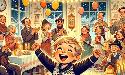 Une illustration destinée aux enfants représentant un petit garçon plein d'enthousiasme, entouré de sa famille et de ses amis, célébrant le réveillon du nouvel an dans une maison décorée de guirlandes scintillantes et de ballons colorés.