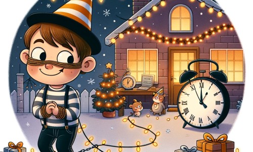 Une illustration pour enfants représentant un petit garçon malin et espiègle qui organise une fête du nouvel an avec ses amis, dans le confort de son foyer familial.