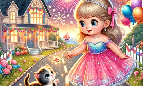 Une illustration pour enfants représentant une petite fille étincelante de bonheur, plongée dans une aventure enchantée lors du réveillon du nouvel an, dans la chaleureuse maison de sa grand-mère.