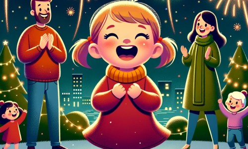 Une illustration destinée aux enfants représentant une petite fille pleine d'excitation, entourée de sa famille, dans un jardin illuminé par les feux d'artifice, lors de la fête du nouvel an.