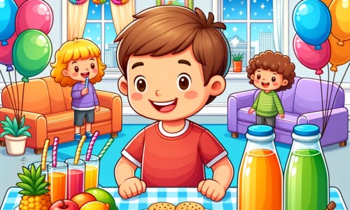 Une illustration destinée aux enfants représentant un petit garçon plein d'excitation, préparant une fête du nouvel an avec ses amis, dans une maison décorée de ballons colorés et d'une table remplie de biscuits et de jus de fruits.