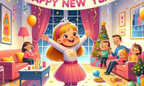 Une illustration pour enfants représentant une petite fille pleine d'excitation, préparant une fête du nouvel an dans un salon transformé en une salle de fête magique.