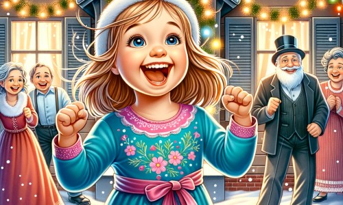 Une illustration pour enfants représentant une petite fille pétillante qui tente de rester éveillée jusqu'à minuit pour accueillir la nouvelle année lors d'une grande soirée chez elle.