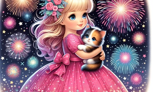 Une illustration destinée aux enfants représentant une petite fille vêtue d'une robe rose étincelante, tenant un chaton dans ses bras, s'amusant sous une pluie de feux d'artifice colorés dans une nuit étoilée, lors de la fête du nouvel an.