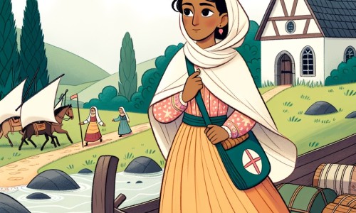 Une illustration pour enfants représentant une femme courageuse confrontée à la guerre dans un village paisible.