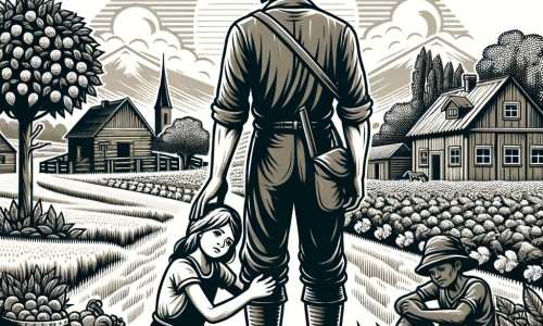 Une illustration destinée aux enfants représentant un homme courageux vivant dans un petit village paisible, confronté à la guerre, accompagné d'une petite fille abandonnée, dans un village verdoyant entouré de champs et d'arbres fruitiers.