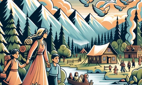 Une illustration pour enfants représentant une femme courageuse fuyant la guerre avec sa famille à travers les montagnes et les forêts, cherchant refuge dans une grotte profonde.