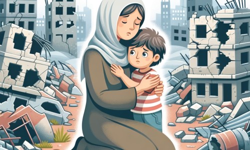 Une illustration destinée aux enfants représentant une femme courageuse vivant dans une ville en ruines pendant la guerre, accompagnée de son fils, dans un paysage dévasté où les bâtiments sont détruits et les rues jonchées de débris.