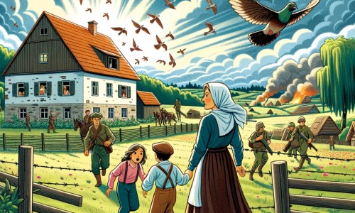 Une illustration destinée aux enfants représentant une femme courageuse, vivant une situation difficile pendant la guerre, accompagnée de sa famille, dans un petit village entouré de champs verdoyants où les oiseaux chantent joyeusement.