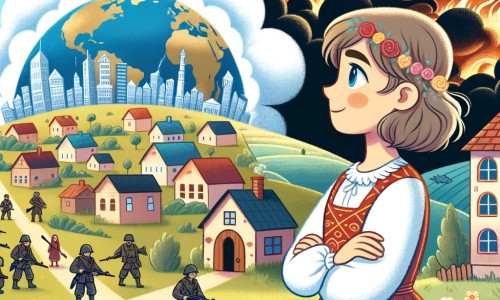 Une illustration destinée aux enfants représentant une femme courageuse et bienveillante, se tenant au milieu d'un village coloré et paisible, tandis qu'une guerre éclate dans un pays voisin, avec en arrière-plan des nuages sombres et menaçants.