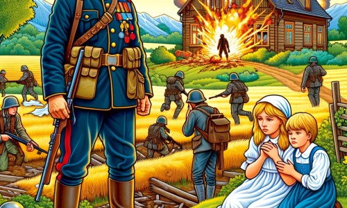 Une illustration pour enfants représentant un soldat courageux avec une barbe noire épaisse, qui combat dans une guerre lointaine, dans un petit village de campagne.