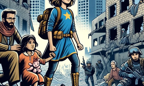 Une illustration destinée aux enfants représentant une jeune femme courageuse, plongée dans une guerre dévastatrice, accompagnée d'une famille de réfugiés, dans une ville en ruines avec des bâtiments détruits et des soldats armés.