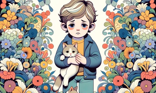 Une illustration destinée aux enfants représentant un petit garçon triste, accompagné d'un chat, dans un parc verdoyant avec des fleurs multicolores, symbolisant la perte et la découverte de la mort.