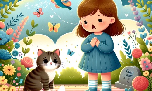 Une illustration destinée aux enfants représentant une petite fille triste, accompagnée de son chat, confrontée à la mort de son animal de compagnie bien-aimé dans un jardin fleuri entouré de papillons et d'oiseaux chantant.