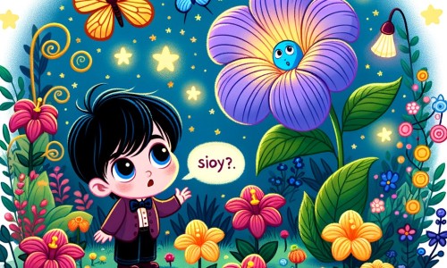 Une illustration pour enfants représentant un petit garçon curieux qui découvre un jardin mystérieux rempli de fleurs colorées, où chaque pétale évoque une leçon de vie, dans un monde enchanté.