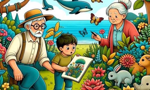 Une illustration pour enfants représentant un jeune garçon vivant une aventure émouvante au sein d'un jardin magique où il découvre le pouvoir de l'amour et des souvenirs, malgré la présence de la tombe de son grand-père.