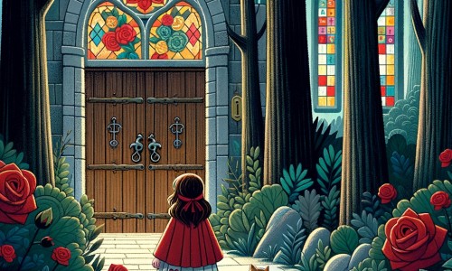 Une illustration destinée aux enfants représentant une petite fille perdue dans une forêt sombre, accompagnée d'un chat curieux, debout devant une porte en bois ancienne, ornée de roses rouges, menant à un hôpital majestueux avec des fenêtres en vitrail coloré.