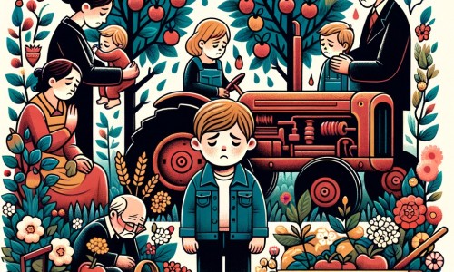 Une illustration destinée aux enfants représentant un petit garçon triste, entouré d'une famille en deuil, se remémorant les souvenirs avec son grand-papa au milieu d'un jardin fleuri avec des arbres fruitiers et un vieux tracteur rouillé dans un coin.