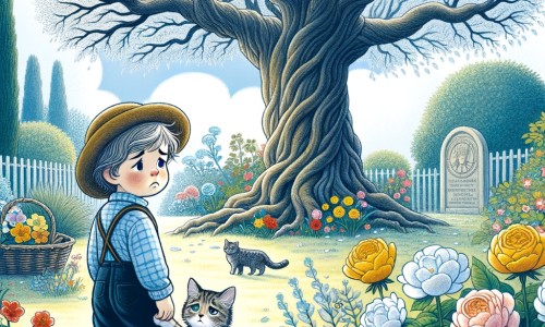 Une illustration destinée aux enfants représentant un petit garçon triste, accompagné d'un chat, dans un jardin fleuri avec un arbre majestueux, évoquant la perte et la façon dont il apprend à faire face à la mort.