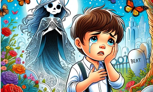 Une illustration destinée aux enfants représentant un petit garçon, le cœur lourd, confronté à la réalité de la mort, accompagné d'une mystérieuse petite fille, dans un jardin coloré où les papillons virevoltent joyeusement.