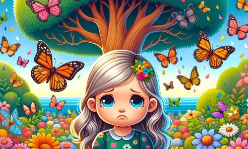 Une illustration destinée aux enfants représentant une petite fille triste, entourée de papillons colorés, qui se trouve dans un jardin fleuri avec un arbre majestueux au centre.