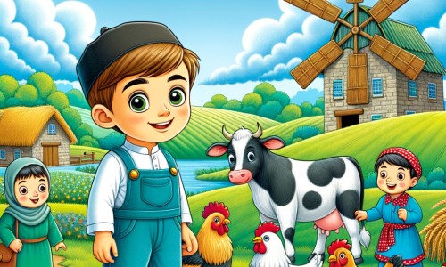 Une illustration pour enfants représentant un petit garçon curieux découvrant la vie et la mort à travers une visite à la ferme enchantée.