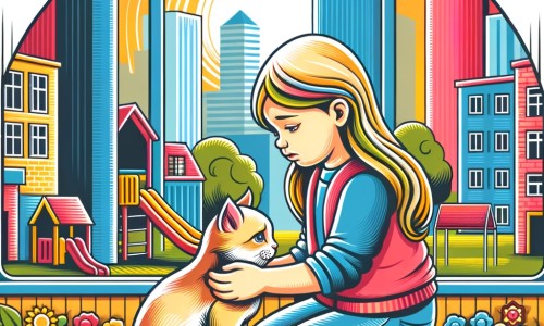 Une illustration destinée aux enfants représentant une petite fille solitaire, confrontée à la mort de son chaton adoré, accompagnée de sa mère aimante, dans un appartement au centre-ville avec une cour de récréation colorée en arrière-plan.