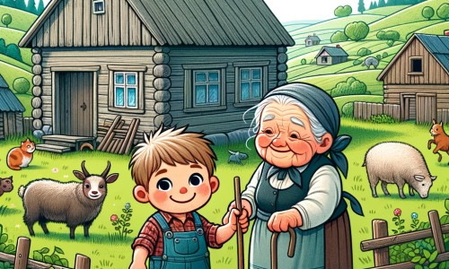 Une illustration pour enfants représentant un petit garçon courageux vivant dans un village rural avec sa grand-mère, travaillant dur pour gagner leur vie tout en allant à l'école chaque jour.