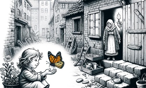 Une illustration destinée aux enfants représentant une petite fille aux vêtements usés, vivant dans un petit appartement sombre d'une ruelle pauvre, qui trouve un papillon blessé et décide de le soigner avec l'aide de sa mère.