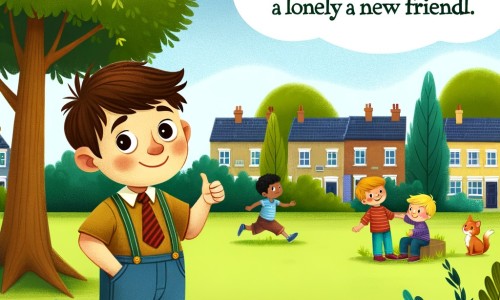 Une illustration pour enfants représentant un petit garçon modeste vivant dans un quartier pauvre, qui rencontre un nouvel ami solitaire au parc.